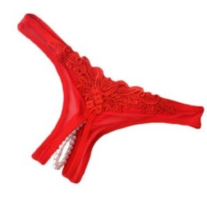 Sexy Red Lace Pearl Crotchless Panties